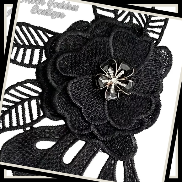 ♡ 3/$18 SOLID BLACK LONG VICTORIAN BROOCH Floral Design Vintage Lace Brooch - Picture 2 of 7